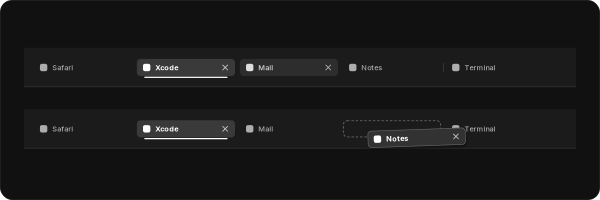 A tab strip with an active tab and a tab being dragged out into its own window.