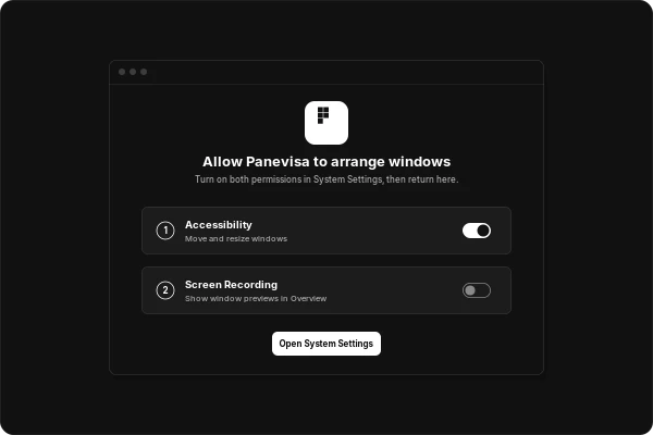 First launch step asking to turn on Accessibility and Screen Recording for Panevisa.